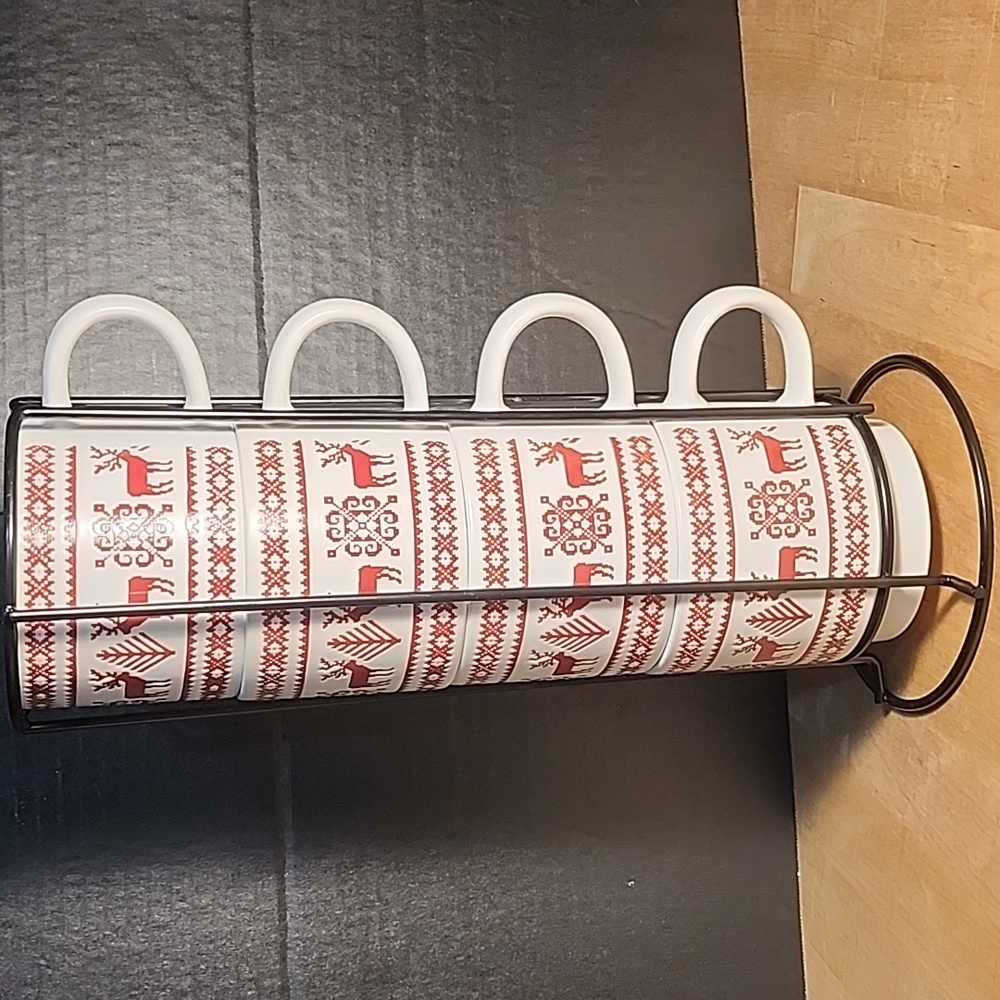 HOLLY & JOY Reindeer Sweater-Design Stacking White& Red Mugs +Black Metal Stand